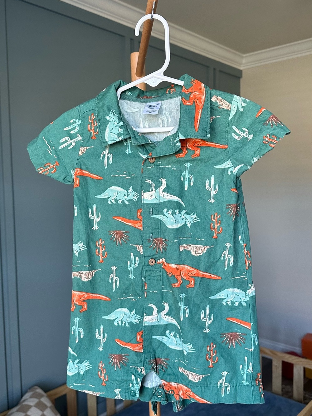 Carter's Green Short-Sleeve Dino Button-Down Shirt